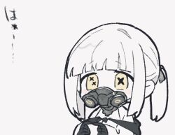 Rule 34 | 1girl, black mask, blue archive, colored skin, dress, ein (blue archive), long sleeves, mask, medium hair, respirator, simple background, solo, two side up, upper body, uwipi, white background, white dress, white hair, white skin, yellow eyes