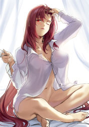 Rule 34 | 1girl, barefoot, breasts, cleavage, collarbone, collared shirt, dress shirt, fate/grand order, fate (series), hair between eyes, indian style, large breasts, long hair, long sleeves, looking at viewer, navel, no panties, okitakung, one eye closed, purple hair, red eyes, scathach (fate), shirt, sitting, solo, white shirt