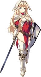 Rule 34 | 1girl, armor, armored boots, blonde hair, blue eyes, blush, boots, breastplate, full body, gauntlets, hair ornament, highres, holding, holding weapon, kawata hisashi, kusugawa sasara, long hair, looking at viewer, pauldrons, pelvic curtain, shield, shoulder armor, solo, standing, sword, thighhighs, to heart (series), to heart 2, to heart 2 dungeon travelers, transparent background, weapon