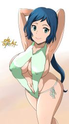 Rule 34 | 10s, 1girl, absurdres, arms behind head, bikini, blue eyes, blue hair, blush, breasts, cleavage, curvy, covered erect nipples, gundam, gundam build fighters, highres, iori rinko, large breasts, logo, long hair, looking at viewer, matching hair/eyes, md5 mismatch, mature female, navel, nipples, ponytail, slingshot swimsuit, smile, solo, swimsuit, thick thighs, thighs, tonotyama, wide hips