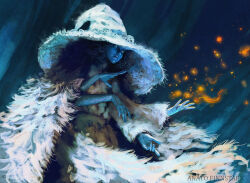 Rule 34 | 1girl, anato finnstark, artist name, blue eyes, blue hair, blue skin, cloak, closed mouth, colored skin, commentary, dress, elden ring, english commentary, extra arms, fire, fur-trimmed cloak, fur trim, hat, large hat, long hair, looking away, magic, procreate (medium), ranni the witch, solo, white cloak, white dress, white hat, witch, witch hat