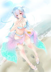 Rule 34 | 1girl, anklet, azur lane, bag, beach, bikini, bloom, blue bikini, blush, bow, brown eyes, cloud, commentary request, day, diffraction spikes, dutch angle, footwear bow, full body, hair tie, handbag, jewelry, kagino, leaning forward, lens flare, long hair, looking at viewer, nail polish, navel, necklace, neptune (azur lane), outdoors, purple nails, sandals, sarong, shell, shell necklace, shoes, solo, sun, swimsuit, tongue, tongue out, two side up
