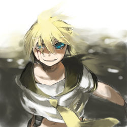 1boy aqua_eyes blonde_hair blood crazy_eyes gradient_background kagamine_len male_focus manao navel solo upper_body vocaloid white_background