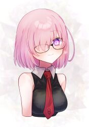 Rule 34 | 1girl, absurdres, black-framed eyewear, black shirt, breasts, closed mouth, collared shirt, cropped arms, cropped torso, fate/grand order, fate (series), glasses, hair over one eye, harukappa, highres, mash kyrielight, medium breasts, medium hair, necktie, pink eyes, pink hair, red necktie, shirt, sleeveless, sleeveless shirt, smile, solo, straight hair, upper body, white background, wing collar