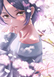 Rule 34 | bad id, bad pixiv id, bare shoulders, blue hair, blurry, blurry background, blurry foreground, cherry blossoms, collarbone, earrings, hayami kanade, highres, idolmaster, idolmaster cinderella girls, jewelry, koya (koya x 00), light blush, lipstick, long hair, looking at viewer, makeup, nail polish, off-shoulder shirt, off shoulder, outdoors, parted bangs, parted lips, petals, shirt, short hair, sidelocks, signature, solo, upper body, white shirt, yellow eyes