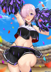 Rule 34 | 1girl, bare shoulders, black skirt, black socks, breasts, brynhildr (cheer for master) (fate), brynhildr (fate), brynhildr (fate) (cosplay), cheerleader, cloud, colosseum, confetti, cosplay, craft essence (fate), crop top, fate/grand order, fate (series), heart, highleg, highleg panties, highres, knee up, large breasts, mash kyrielight, midriff, navel, one eye covered, open mouth, outdoors, panties, pleated skirt, pom pom (cheerleading), purple eyes, purple hair, purple skirt, short hair, side-tie panties, skirt, sky, sleeveless, socks, solo, twitter username, two-tone skirt, unadon, underboob, underwear