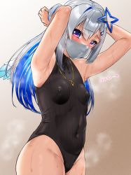 Rule 34 | 1girl, amane kanata, amane kanata (work), angel, angel wings, armpits, arms up, bare shoulders, black leotard, blue hair, blush, bodystocking, breasts, colored inner hair, covered erect nipples, covered navel, frikulu, hair between eyes, hair ornament, halo, highleg, highleg leotard, highres, hololive, jewelry, leotard, long hair, looking at viewer, mask, mini wings, mouth mask, multicolored hair, necklace, pink hair, purple eyes, shuriken, silver hair, small breasts, solo, star halo, steam, streaked hair, surgical mask, sweat, thighs, virtual youtuber, weapon, white wings, wings