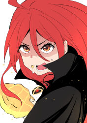 Rule 34 | 1girl, ahoge, black cape, cape, female focus, food, from side, grey background, h2o (ddks2923), hair between eyes, highres, holding, holding food, jewelry, long hair, lower teeth only, necklace, red eyes, red hair, shakugan no shana, shana, simple background, solo, teeth, tongue