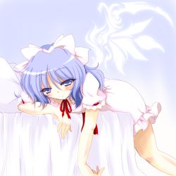 Rule 34 | 1girl, alternate wings, blue eyes, blue hair, dress, gradient background, hair ribbon, half-closed eyes, lying, mai (touhou), matching hair/eyes, naughty face, on bed, on stomach, ponytail, puffy short sleeves, puffy sleeves, ribbon, short hair, short sleeves, smile, solo, touhou, touhou (pc-98), tsunogiri, wings