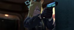 Rule 34 | 1girl, absurdres, animal ear fluff, animal ears, black gloves, blonde hair, blue archive, blue eyes, blurry, blurry background, gloves, gun, hair over one eye, halo, handgun, highres, holding, holding gun, holding weapon, jacket, kanna (blue archive), long hair, long sleeves, losk, necktie, notched ear, open clothes, open jacket, sharp teeth, shirt, solo, teeth, upper body, weapon