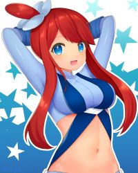 Rule 34 | 1girl, arms behind head, arms up, blue eyes, breasts, creatures (company), crop top, game freak, gloves, highres, large breasts, long hair, long sleeves, looking at viewer, midriff, navel, nintendo, pokemon, pokemon bw, red hair, skyla (pokemon), smile, solo, star (symbol), takahara