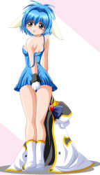 Rule 34 | 00s, 1girl, animal ears, blue hair, blush, boots, coat, unworn coat, covering privates, covering ass, dress, galaxy angel, gloves, looking at viewer, looking back, mint blancmanche, no bra, puffy sleeves, short dress, short hair, simple background, solo, strap slip, tongue, tongue out, white background, yellow eyes