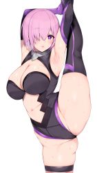 Rule 34 | 1girl, absurdres, armpits, arms up, bad id, bad twitter id, bare shoulders, black leotard, black thighhighs, blue gk, blush, breasts, cleavage, cleavage cutout, clothing cutout, collar, elbow gloves, fate/grand order, fate (series), gloves, hair over one eye, highleg, highleg leotard, highres, large breasts, leg lift, leg up, leotard, light purple hair, looking at viewer, mash kyrielight, metal collar, navel, open mouth, purple eyes, purple gloves, short hair, simple background, split, standing, standing on one leg, standing split, sweat, thighhighs, thighs, white background