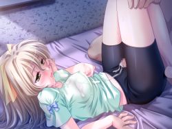 Rule 34 | 1boy, 1girl, atelier kaguya, bed, bike shorts, blonde hair, blush, breasts, censored, cum, cum on body, cum on clothes, cum on upper body, dry humping, covered erect nipples, facial, game cg, grinding, hetero, humping, lying, penis, shorts, smile, spandex, thigh sex, thighs, yellow eyes