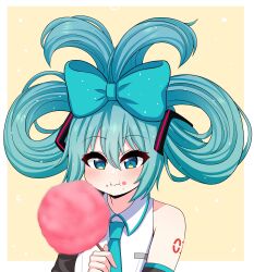 Rule 34 | 1girl, absurdres, alternate hairstyle, aqua bow, aqua eyes, aqua hair, bare shoulders, blush, bow, cotton candy, eating, food, food on face, hair bow, hatsune miku, highres, long hair, looking at viewer, necktie, solo, tattoo, the only shoe, upper body, vocaloid