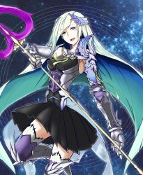 Rule 34 | 1girl, armor, black skirt, breasts, brynhildr (fate), fate/grand order, fate/prototype, fate/prototype: fragments of blue and silver, fate (series), highres, long hair, open mouth, polearm, purple eyes, shinono felca, silver hair, sketch, skirt, smile, solo, spear, thighhighs, very long hair, weapon