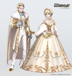 Rule 34 | 1boy, 1girl, bag, blonde hair, blue eyes, blue gloves, bracelet, braid, breasts, cane, cape, christmas, cleavage, copyright request, dated, detached collar, dress, gloves, gold, gold trim, grey background, handbag, highres, holding, holding cane, jewelry, looking at viewer, medium breasts, official art, pants, ring, short hair, standing, tajima yukie, tiara, white footwear, white pants