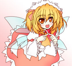 Rule 34 | 1girl, alternate eye color, ascot, blonde hair, eastern and little nature deity, fairy, fairy wings, female focus, fingers together, frilled skirt, frilled sleeves, frills, gradient background, index fingers together, miiya, orange eyes, red ribbon, red skirt, ribbon, shirt, skirt, solo, sunny milk, touhou, touhou sangetsusei, twintails, two side up, white shirt, wings, yellow ascot