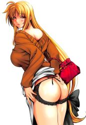 Rule 34 | 00s, 1girl, absurdres, ass, ass cutout, bare back, bare shoulders, blonde hair, blush, breasts, butt crack, clothing cutout, fate testarossa, highres, itachou, large breasts, long hair, looking at viewer, lyrical nanoha, mahou shoujo lyrical nanoha, mahou shoujo lyrical nanoha strikers, open mouth, red eyes, skirt, solo, thighs, underwear, very long hair