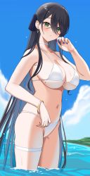Rule 34 | 1girl, :o, bikini, black hair, blue sky, blush, breasts, choker, cross, cross earrings, earrings, from side, gold bracelet, green eyes, hair between eyes, hand up, highres, jewelry, large breasts, long hair, looking at viewer, mole, mole on breast, mole under eye, nail polish, navel, original, outdoors, parted lips, purple nails, sky, solo, stomach, sukebewe, swimsuit, thigh strap, thighs, underboob, very long hair, wading, water, wet, white bikini, white choker