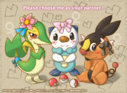 Rule 34 | 3girls, animal focus, black bow, black eyes, blue ribbon, blush, blush stickers, bow, brown background, closed mouth, copyright name, creatures (company), female focus, flower, freckles, full body, game freak, gen 5 pokemon, hair bow, hair flower, hair ornament, half-closed eyes, hands up, happy, heart, kame (3t), looking at viewer, multiple girls, nintendo, no humans, oshawott, own hands together, pink bow, pink flower, poke ball, poke ball (basic), pokemon, pokemon (creature), pokemon bw, red eyes, ribbon, sideways mouth, sitting, smile, snivy, split mouth, standing, starter pokemon trio, steepled fingers, straight-on, tail, tail ornament, tail ribbon, tepig, venus symbol