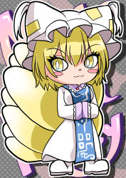Rule 34 | 1girl, absurdres, animal hat, blonde hair, blue tabard, blush stickers, breasts, chibi, closed mouth, dress, fox tail, full body, grey background, hair between eyes, hands in opposite sleeves, hat, highres, long sleeves, looking at viewer, mahoro (minase mahoro), medium breasts, mob cap, polka dot, polka dot background, short hair, solo, tabard, tail, touhou, white dress, white footwear, white hat, yakumo ran, yellow eyes