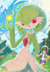 Rule 34 | 1boy, 1girl, backlighting, blue sky, bob cut, chromatic aberration, cloud, colored skin, cowboy shot, creatures (company), day, electricity, electrokinesis, female focus, flat chest, florian (pokemon), game freak, gardevoir, gen 3 pokemon, grass, green hair, green skin, hair between eyes, hand on own chest, hands up, highres, light rays, looking at another, looking at viewer, multicolored skin, nintendo, open mouth, outdoors, pokemon, pokemon (creature), pokemon sv, red eyes, running, short hair, sky, solo focus, standing, sunlight, tree, two-tone skin, white skin, zabocchi