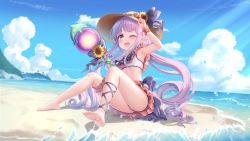 Rule 34 | 1girl, ;d, armpits, barefoot, beach, bikini, blush, bow, cementite, choker, day, feet, flower, flower choker, frilled bikini, frills, full body, hat, hat bow, hat flower, highres, holding, holding staff, horizon, kyoka (summer) (princess connect!), kyoka (princess connect!), long hair, one eye closed, open mouth, outdoors, panties, pointy ears, princess connect!, purple hair, sitting, smile, soles, solo, staff, straw hat, swimsuit, twintails, underwear, very long hair, water, white bikini, white panties, yellow eyes