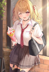 Rule 34 | 1girl, bag, black bag, black choker, black thighhighs, blonde hair, breast pocket, breasts, choker, collared shirt, dessert, food, grey skirt, hair ornament, hair ribbon, highres, holding, holding food, leaning back, long hair, looking at viewer, medium breasts, monaka curl, necktie, one eye closed, original, outdoors, parted lips, pleated skirt, pocket, red eyes, red necktie, red ribbon, ribbon, shirt, shirt tucked in, short sleeves, shoulder bag, skirt, smile, solo, star-shaped pupils, star (symbol), symbol-shaped pupils, thighhighs, thighs, twintails, virtual youtuber, white shirt, window