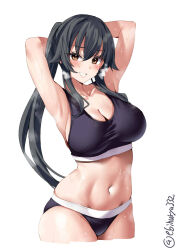Rule 34 | 1girl, armpits, arms behind head, arms up, black hair, black sports bra, blush, breasts, brown eyes, collarbone, cowboy shot, cropped legs, ebifurya, grin, hair between eyes, hair flaps, highres, kantai collection, large breasts, long hair, looking at viewer, navel, one-hour drawing challenge, ponytail, simple background, skindentation, smile, solo, sports bra, stomach, sweat, twitter username, very long hair, white background, yahagi (kancolle)