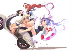 Rule 34 | 3girls, ahoge, arms up, ass, bad id, bad twitter id, blonde hair, blue eyes, blue hair, blush, breasts, commentary request, crop top, driving, flower, hair between eyes, hair flower, hair ornament, hair ribbon, headgear, highres, hug, i-168 (kancolle), i-19 (kancolle), innertube, kantai collection, kneeling, legs, long hair, looking at viewer, motor vehicle, motorcycle, multiple girls, multiple riders, one-piece swimsuit, one-piece tan, open mouth, ponytail, red eyes, red hair, ribbon, ro-500 (kancolle), sailor collar, satou daiji, school swimsuit, scooter, sitting, slippers, swim ring, swimsuit, swimsuit under clothes, tan, tanline, tearing up, tears, tri tails, twintails, vehicle