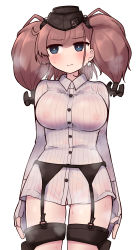 Rule 34 | 1girl, anchor hair ornament, atlanta (kancolle), blue eyes, blush, bottomless, breasts, brown hair, earrings, garrison cap, garter belt, garter straps, gloves, gluteal fold, hair ornament, hat, headgear, highres, jewelry, kantai collection, large breasts, long hair, long sleeves, nipples, no bra, no panties, partially fingerless gloves, see-through, shirt, simoyuki, simple background, single earring, solo, star (symbol), star earrings, sweat, two side up, white background