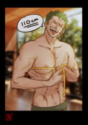 Rule 34 | 1boy, :p, abs, bara, bust measuring, cowboy shot, facing viewer, green eyes, green hair, head tilt, highres, large pectorals, lastel r, male focus, measuring, nipples, one piece, pectorals, roronoa zoro, scar, scar on chest, short hair, sideburns, solo, stitches, stomach, tape measure, toned, toned male, tongue, tongue out, topless male