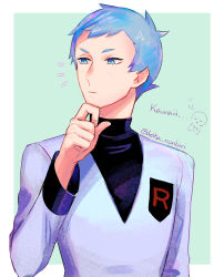 Rule 34 | 1boy, archer (pokemon), blue eyes, blue hair, blush, border, closed mouth, commentary request, creatures (company), delta nonbiri, game freak, green background, hand up, highres, jacket, logo, long sleeves, male focus, nintendo, notice lines, outside border, pokemon, pokemon hgss, short hair, team rocket, team rocket uniform, upper body, white border, white jacket