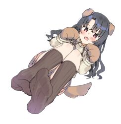 Rule 34 | 1girl, aa211108, animal ears, animal hands, black hair, blush, brown socks, dog ears, dog tail, dot nose, fake animal ears, fake tail, forehead, full body, gloves, idolmaster, idolmaster million live!, idolmaster million live! theater days, kneehighs, long hair, long sleeves, looking at viewer, lying, official alternate costume, on back, open mouth, parted bangs, paw gloves, paw pose, red eyes, sidelocks, simple background, socks, solo, straight hair, suspenders, tail, takayama sayoko, v-shaped eyebrows, wavy hair, white background