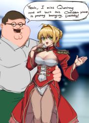 Rule 34 | 1boy, 1girl, absurdres, arm around waist, blonde hair, breasts, brown hair, cleavage, cleavage cutout, clothing cutout, collared shirt, commentary, crossover, dress, english commentary, english text, family guy, fat, fat man, fate (series), green eyes, green pants, grey shirt, hair behind ear, hair bun, hair intakes, highres, kowai (iamkowai), large breasts, looking at viewer, nero claudius (fate), nero claudius (fate) (all), open hand, open mouth, pants, peter griffin, red dress, shirt, single hair bun, speech bubble