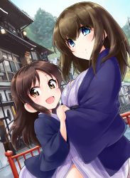 Rule 34 | 2girls, :d, absurdres, architecture, black hair, blue eyes, bow, breasts, brown eyes, brown hair, building, day, east asian architecture, holding hands, handrail, highres, idolmaster, idolmaster cinderella girls, idolmaster cinderella girls starlight stage, japanese clothes, kimono, lantern, large breasts, long sleeves, looking at viewer, multiple girls, open mouth, outdoors, road, sagisawa fumika, satogo, smile, street, tachibana arisu, tree, yukata