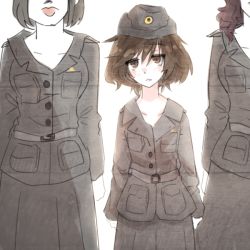 Rule 34 | 3girls, akiyama yukari, archived source, arms at sides, bags under eyes, belt, black hair, breast pocket, brown eyes, commentary, cowboy shot, english commentary, eyes visible through hair, female service cap, girls und panzer, grey belt, grey headwear, grey jacket, grey skirt, hair between eyes, hat, head out of frame, height difference, jacket, lips, long sleeves, looking at viewer, medium hair, military, military hat, military jacket, military uniform, multiple girls, out of frame, parted lips, pocket, popopoka, short hair, simple background, skirt, solo focus, standing, straight-on, swept bangs, triangle mouth, uniform, vignetting, wavy hair, white background