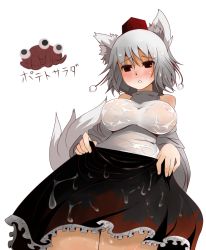Rule 34 | 1girl, animal ears, arano oki, breasts, female focus, grey hair, inubashiri momiji, large breasts, red eyes, saba miso, solo, tail, the iron of yin and yang, touhou, wet, wet clothes, wolf ears, wolf tail