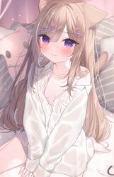 Rule 34 | 1girl, animal ears, barefoot, blush, breasts, brown hair, cat ears, cat girl, cat tail, closed mouth, collarbone, collared shirt, commentary request, dress shirt, hair ornament, hairclip, leo (mafuyu), long hair, long sleeves, looking at viewer, mafuyu (chibi21), multicolored hair, naked shirt, off shoulder, original, pillow, puffy long sleeves, puffy sleeves, purple eyes, purple hair, shirt, signature, sitting, sleeves past wrists, small breasts, smile, solo, streaked hair, tail, very long hair, wariza, white shirt