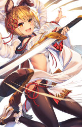 Rule 34 | 1girl, absurdres, akanagi youto, animal ears, bare back, bare shoulders, black pantyhose, blonde hair, braid, breasts, detached sleeves, dog ears, dog tail, erune, granblue fantasy, highres, japanese clothes, katana, long sleeves, looking at viewer, open mouth, pantyhose, rope, shimenawa, short hair, small breasts, smile, solo, sword, tail, vajra (granblue fantasy), weapon, wide sleeves
