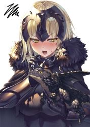 Rule 34 | 1girl, armor, armored dress, black dress, blonde hair, breasts, dragon, dress, fate/grand order, fate (series), gauntlets, hand on another&#039;s head, headpat, headpiece, heirou, highres, jeanne d&#039;arc (fate), jeanne d&#039;arc alter (avenger) (fate), jeanne d&#039;arc alter (fate), open mouth, petting, short hair, upper body, yellow eyes