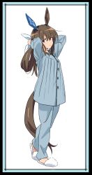 Rule 34 | absurdres, admire vega (umamusume), alternate costume, animal ears, arm behind head, armpits, arms up, brown hair, commentary request, highres, horse ears, horse girl, horse tail, long hair, looking at viewer, pajamas, ponytail, ribbon, simple background, slippers, solo, standing, tail, umamusume, umamusume: road to the top, white background, yamazaki jun