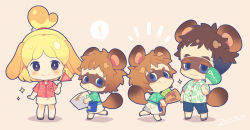 Rule 34 | !, 1girl, 3boys, animal crossing, animal ears, blonde hair, blouse, blush, box, brown background, brown hair, chibi, closed mouth, commentary request, dated, dog ears, dog girl, flag, full body, hair bun, highres, holding, holding box, holding flag, humanization, isabelle (animal crossing), looking at viewer, medium hair, multiple boys, nintendo, notice lines, personification, raccoon boy, raccoon ears, raccoon tail, red shirt, shirt, short hair, shorts, single hair bun, smile, sparkle, spoken exclamation mark, standing, tail, timmy (animal crossing), tom nook (animal crossing), tommy (animal crossing), white shirt, yumenouchi chiharu
