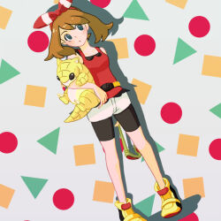 Rule 34 | 1girl, aqua eyes, bike shorts, bow hairband, brown hair, closed mouth, commentary request, creatures (company), game freak, gen 1 pokemon, hairband, head tilt, holding, holding pokemon, may (pokemon), medium hair, nintendo, pokemon, pokemon (creature), pokemon oras, red hairband, red shirt, sakuramochi0906, sandshrew, shirt, shoes, short shorts, shorts, sleeveless, sleeveless shirt, standing, white shorts, yellow footwear