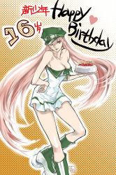 Rule 34 | 00s, 1girl, air gear, bare shoulders, birthday, birthday cake, boots, breasts, brown eyes, cake, candle, cleavage, collarbone, dress, female focus, floating hair, food, fruit, goggles, goggles on headwear, green footwear, hair between eyes, halftone, halftone background, hand on own hip, happy birthday, hat, highres, hip focus, holding, inline skates, large breasts, legs, lips, lipstick, long hair, looking at viewer, makeup, nail polish, one eye closed, orange background, outline, pastry, peaked cap, pink hair, plate, red nails, roller skates, seyo, short dress, signature, simca, skates, smile, solo, standing, strapless, strawberry, transparent, twintails, very long hair, wink