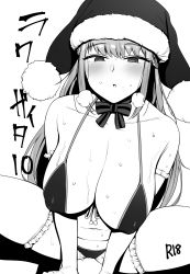 Rule 34 | 1girl, bikini, blush, bow, bowtie, breasts, content rating, copyright request, greyscale, half-closed eyes, hat, highres, large breasts, looking at viewer, monochrome, navel, parted lips, santa hat, simple background, solo, squatting, sweat, swimsuit, thighhighs, wakamesan, white background