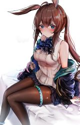 Rule 34 | 1girl, absurdres, amiya (arknights), animal ears, arknights, bare shoulders, black jacket, blue eyes, blush, breasts, brown hair, closed mouth, feet out of frame, highres, jacket, unworn jacket, jewelry, long hair, long sleeves, looking at viewer, medium breasts, miniskirt, on bed, open clothes, open jacket, pantyhose, rabbit ears, ring, sak (lemondisk), shirt, sideboob, sitting, skirt, sleeveless, sleeveless shirt, solo, thumb ring, white shirt