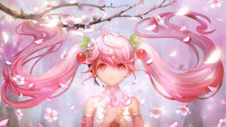Rule 34 | 1girl, cherry, cherry blossoms, detached sleeves, flower, flower-shaped pupils, food, fruit, hair flower, hair ornament, hatsune miku, headphones, headset, highres, long hair, looking at viewer, microphone, necktie, orry, petals, pink eyes, pink hair, pink theme, sakura miku, smile, solo, symbol-shaped pupils, twintails, upper body, vocaloid, wallpaper