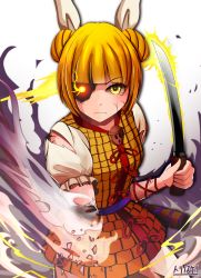 Rule 34 | 1girl, amputee, arm ribbon, armor, armored dress, arms up, artist name, blonde hair, blunt bangs, commentary request, cowboy shot, cracked skin, damaged, double bun, frown, glowing, glowing eye, glowing sword, glowing weapon, hair bun, hair ribbon, haniwa (statue), highres, holding, holding sword, holding weapon, joutouguu mayumi, looking at viewer, puffy short sleeves, puffy sleeves, ribbon, scabbard, serious, shadow, shards, sheath, shirt, short sleeves, simple background, smoke, solo, standing, sword, torinosukei, torn clothes, torn shirt, touhou, unsheathed, weapon, white background, white shirt